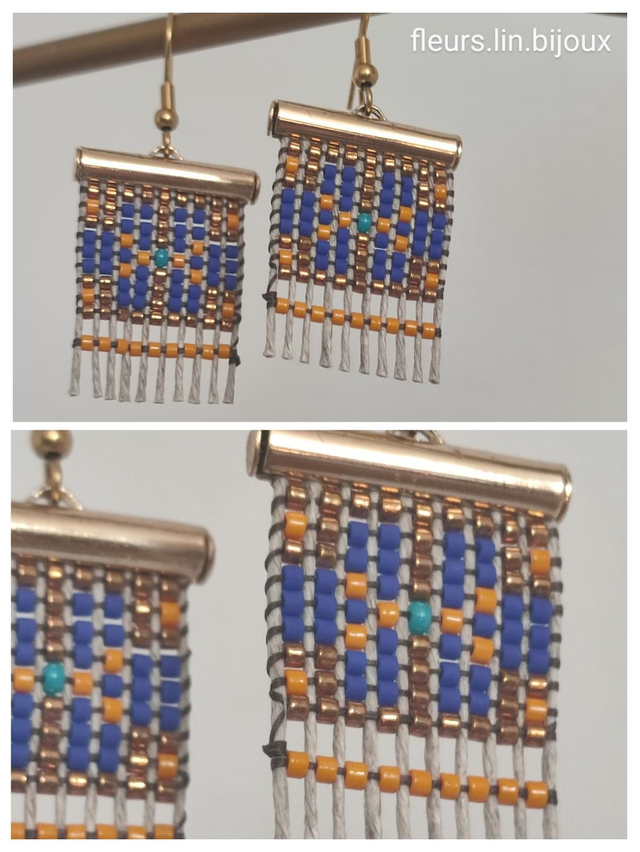 Z- Boucles d&#039;oreilles&quot;fleurs&quot;tissées main en perles de verre sur fil de lin. Fermoirs en acier inoxydable doré, bleu, orange,or. -sans nickel 