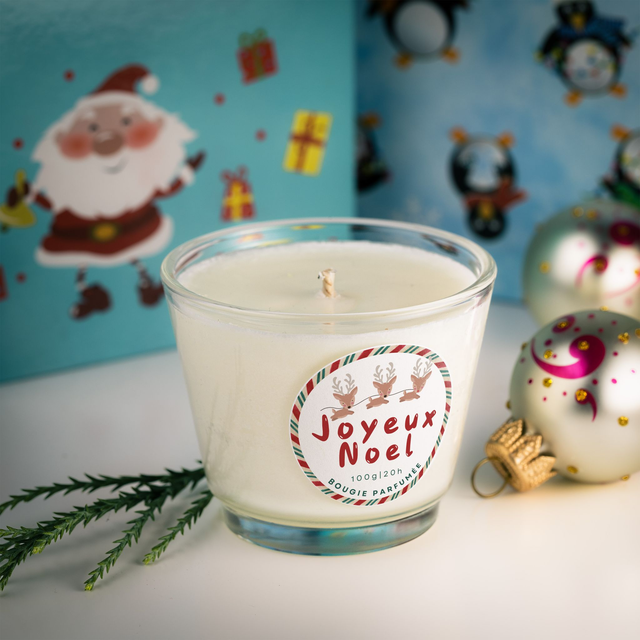 Bougie artisanale parfumée en cire de soja avec étiquette personnalisée - Cadeau pour Noël, Nouvel An, Fêtes de fin d'année, 100g (JN02)