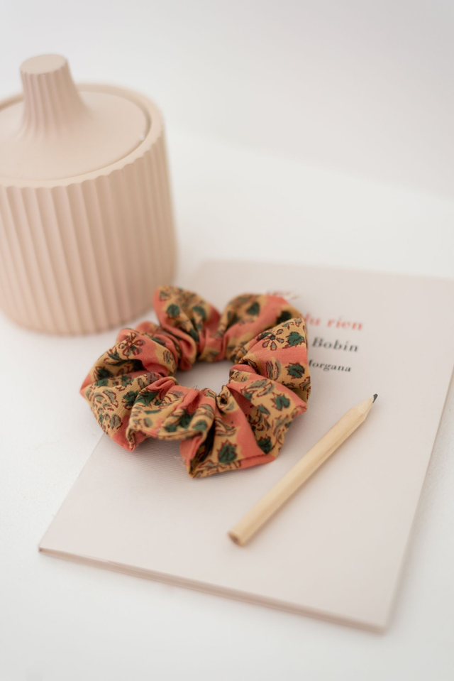 Chouchou scrunchie block print indien - rose ancien