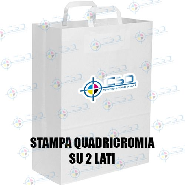 Shopper bianco 45x48x15 pronti in 10 giorni: con adesivi max 10x15 quadricromia applicati su due lati, carta sacchetto 110 grammi (prezzo con IVA)