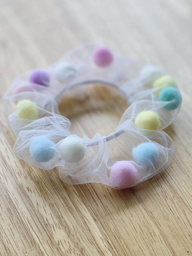 Organza Hair Scrunchie with Pom Poms