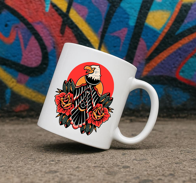 Traditional Tattoo Style Eagle &amp; Roses 11oz Ceramic Printed Mug Design