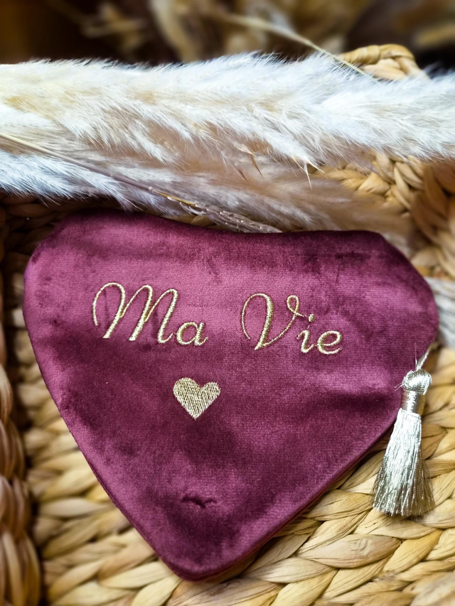 Pochette coeur à message "Ma vie" - Modèle bordeaux