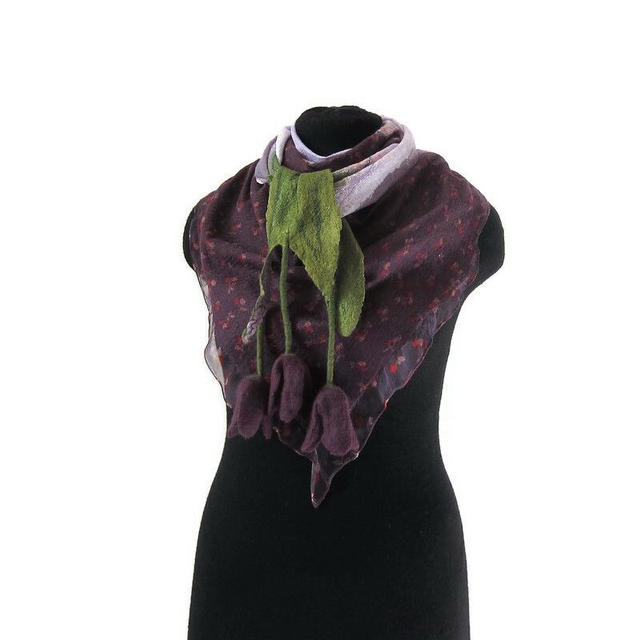 Sciarpa lavanda viola Bactus lana merino seta Feltro Fatto a mano scialle infeltrito infeltrimento fiori donna Scialle Regalo unico ragazze