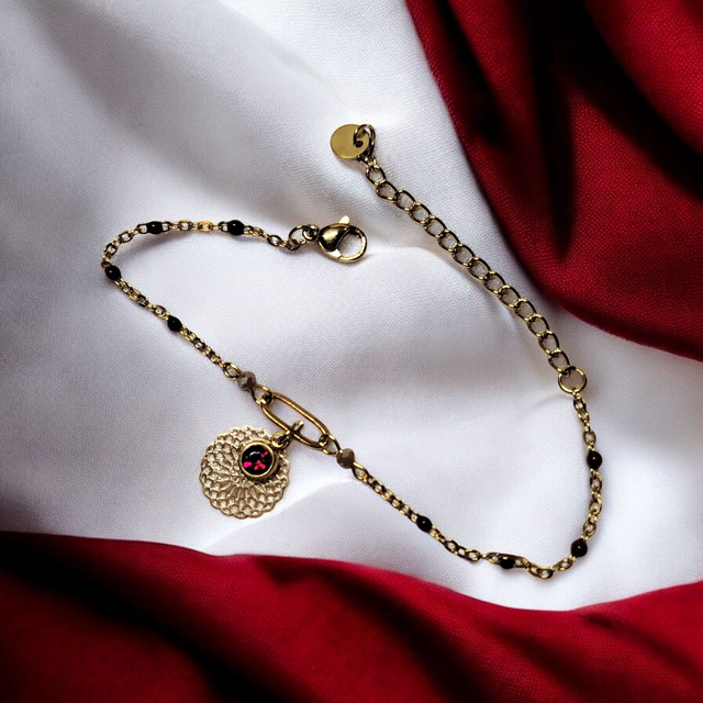 Bracelet acier inoxydable et strass rouge bordeaux et doré