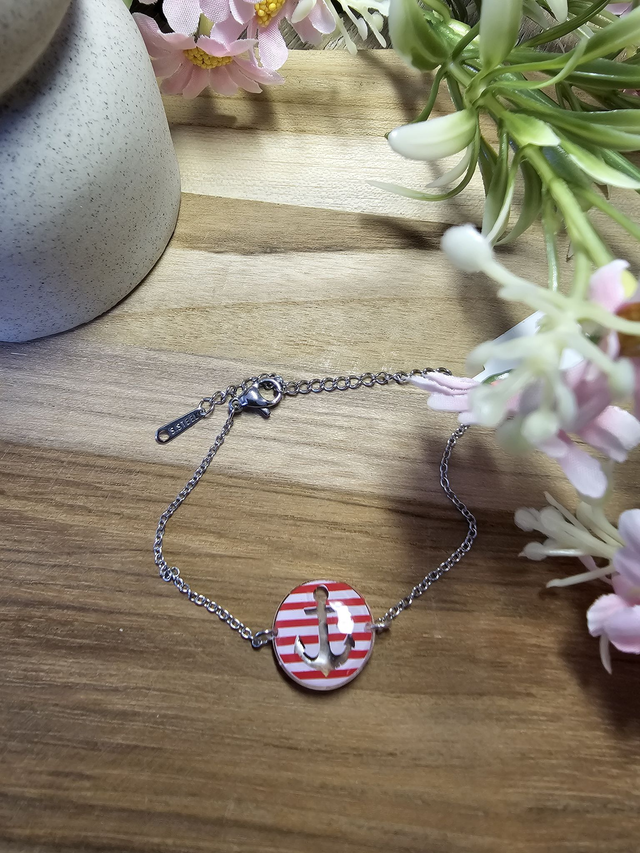 Bracelet 16mm Argent -&quot;Un Cœur à la Mer&quot; — L&#039;élégance au rythme des vagues-ancre rouge