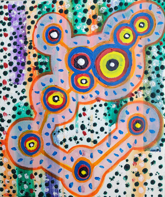 Dziwny obiekt zagubiony na skraju lasu, 30x25 akryl płótno 2019-23