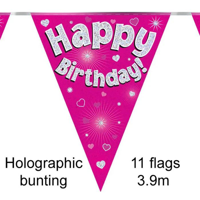 BUNTING: HAPPY BIRTHDAY PINK HOLOGRAPHIC 11 FLAGS 3.9M