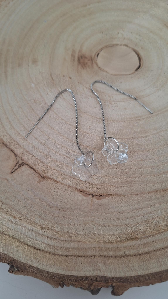 Boucles d'oreilles pendantes hibiscus transparents/feuille argent