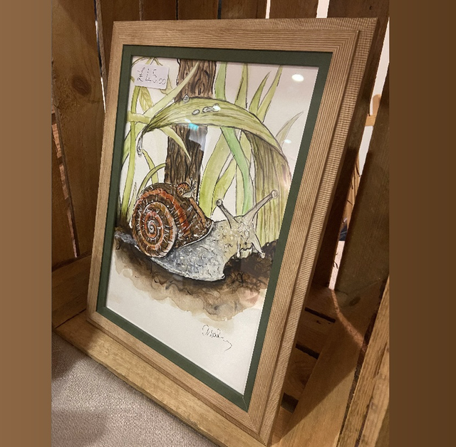 Original ‘Seymour’ the snail A4 painting in light wood and khaki frame 