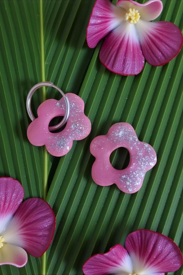 Pampilles interchangeables rose vif et feuilles argentées 