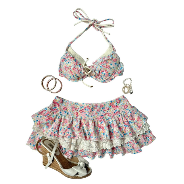 coquette pink floral polka dot japanese 3 piece bikini set 