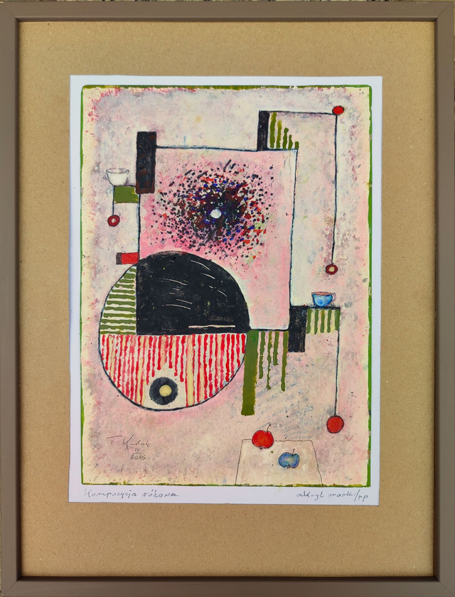 Kompozycja różowa, 42x32 (28x20) akryl pastel papier 2016