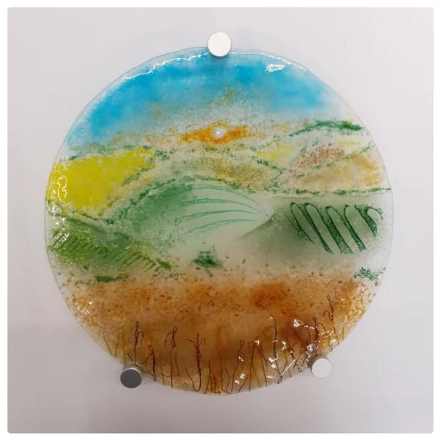 Big Sunset over crop fields fused glass wall art