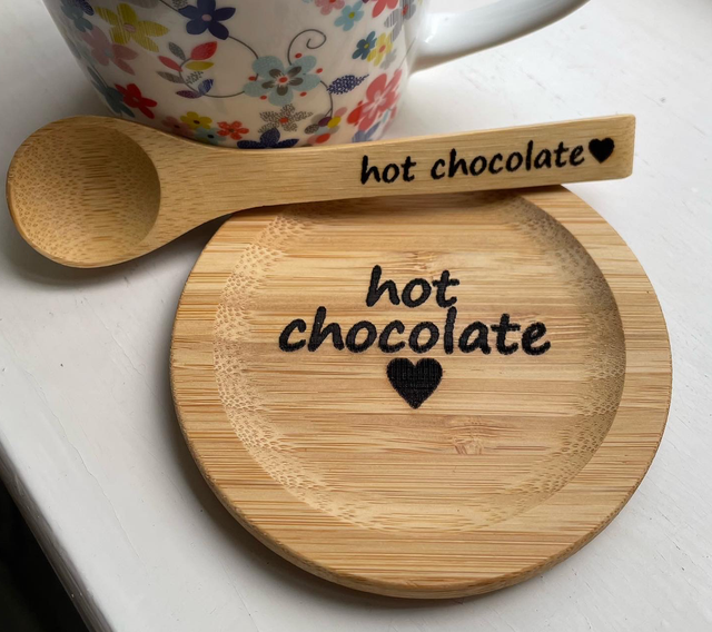 Hot Chocolate Bamboo Coaster/Cup Lid &amp; Spoon