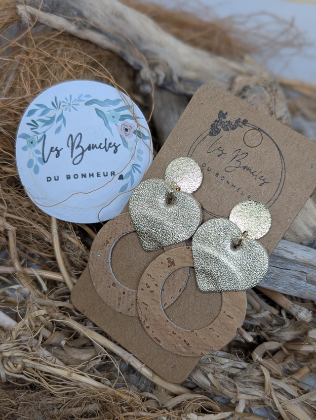 Boucles d&#039;oreilles Coeur ❤️ liège cuir doré c2063