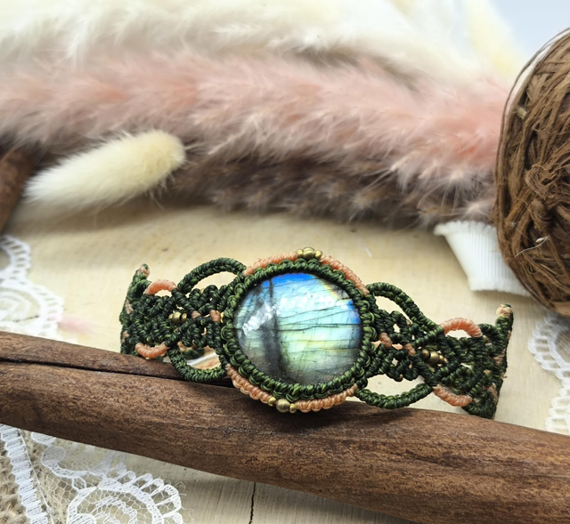 Bracelet tissage bicolore vert/orange labradorite 