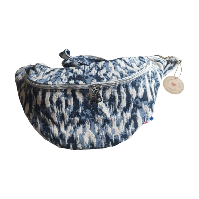 Sac banane en tissu jacquard blanc bleu noir