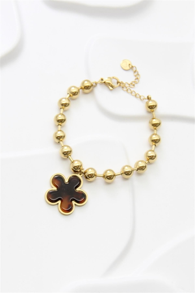 Bracelet Perles Dorées &amp; Fleur Résine – Acier Inoxydable