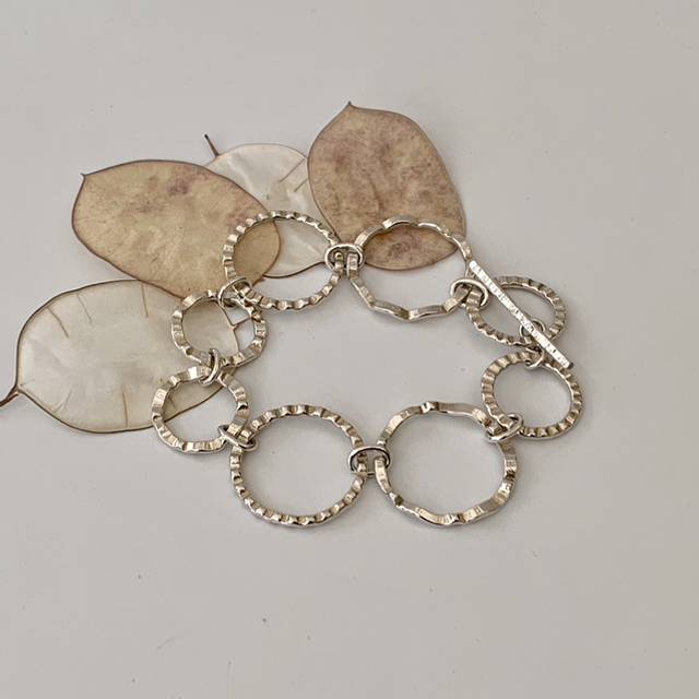Silver chain bracelet, textured rings.
