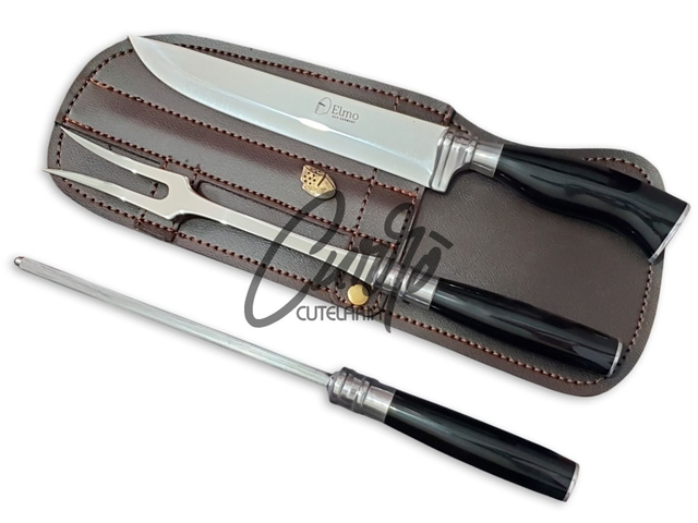 Conjunto Faca Chaira Garfo Elmo Cabo Resina Tipo Chifre 8 Pol