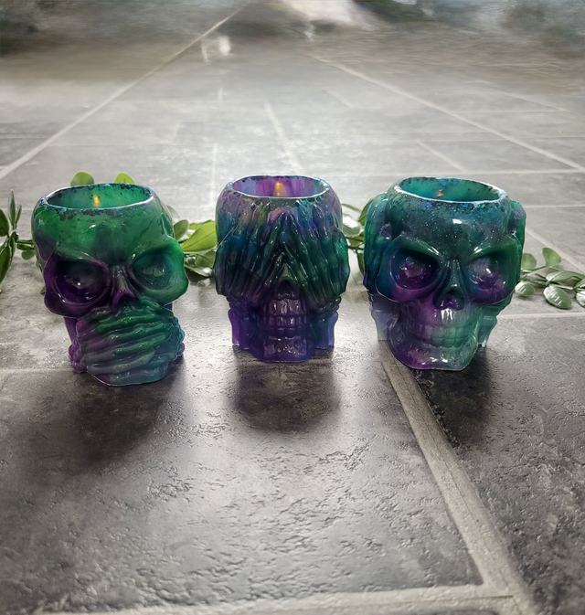 See No Evil, Hear No Evil, Speak No Evil - Set of 3 Skull Tea Light Candle Holders | Purple &amp; Green Glitter