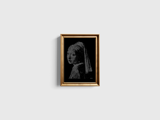 A4 Schreibmaschinen-Gemälde Meisje met de Parel in Weiß auf Schwarz