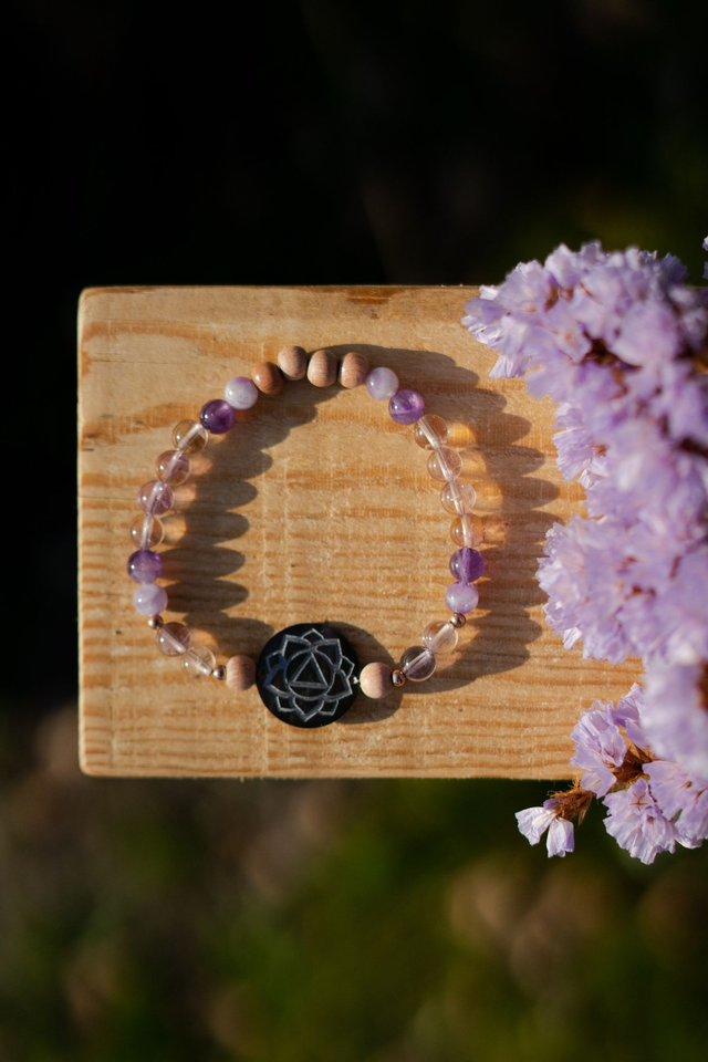 Bracelet Karma, sensible et unique, Nacre de Tahiti, Améthyste et amétrine