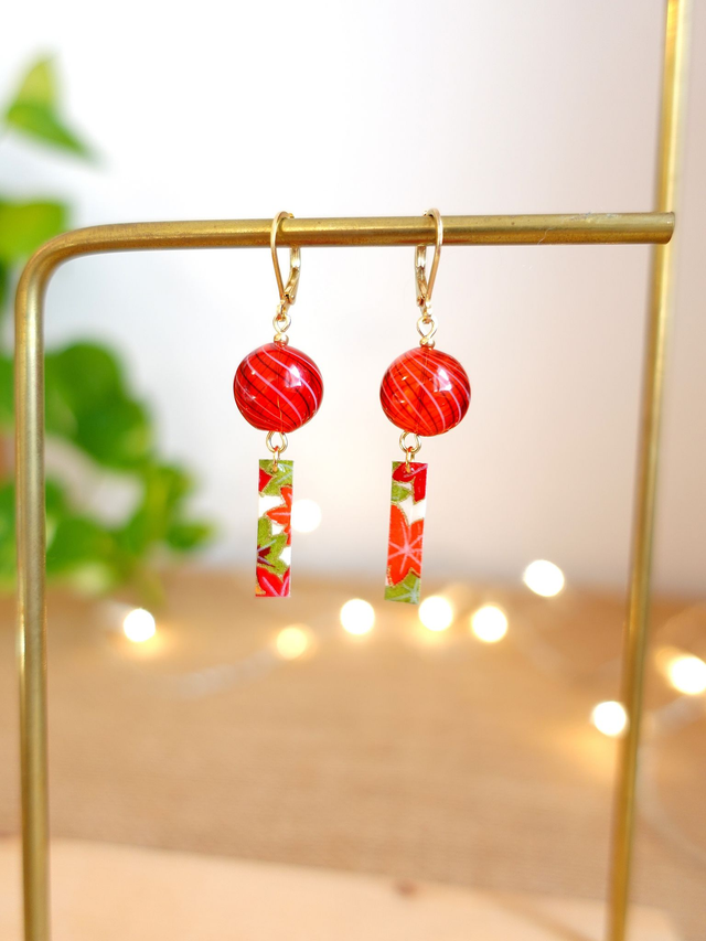 Carillon japonais / Clochette à vent / Fūrin / INOX doré / Boucles d'oreilles papier japonais WASHI / Bijou japonais / Rouge, Or /