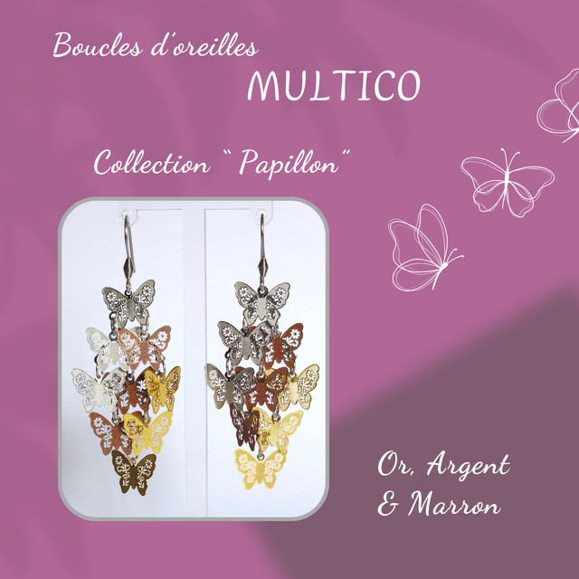 Boucles d&#039;oreilles MULTICO - Collection Papillon - Or, Argent et Marron