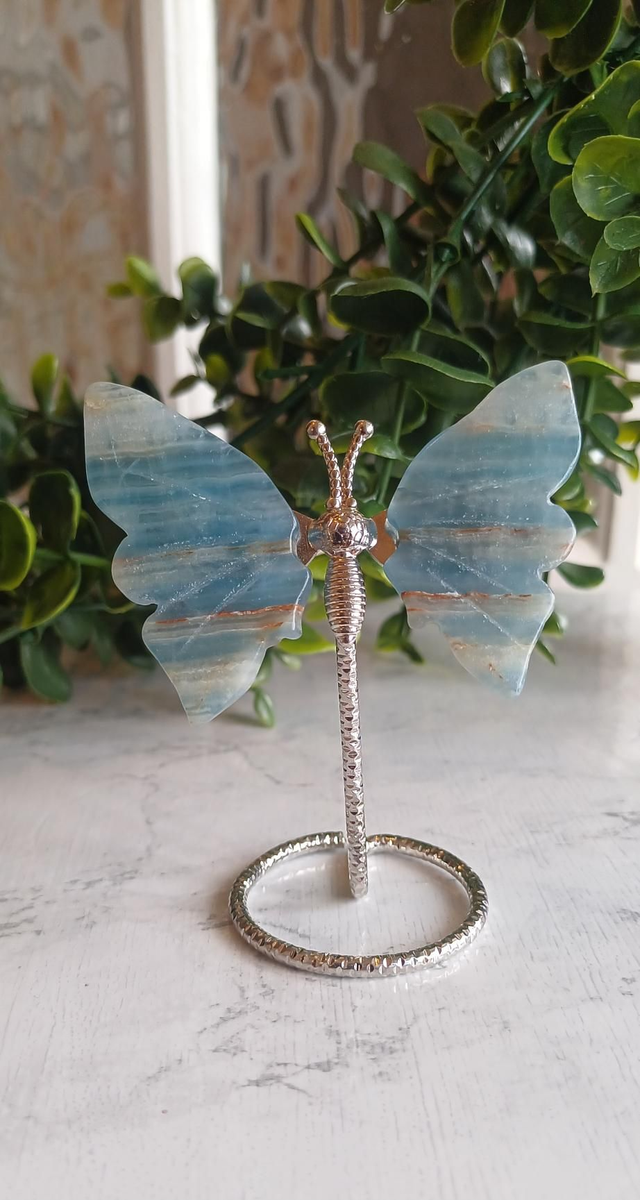 Blue Onyx Butterfly wings on Silver Stand