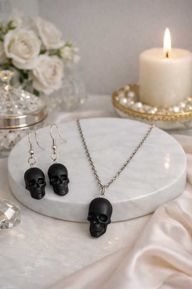 Parure boucle d'oreille et pendentif SKULL noir