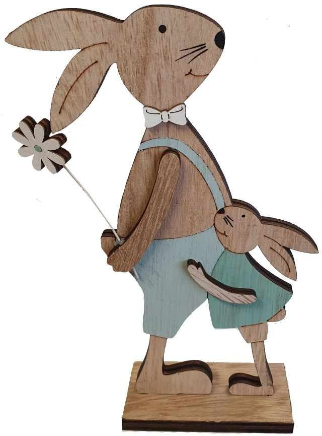 Wooden Daddy Rabbit In Dungarees With His Child Rabbit