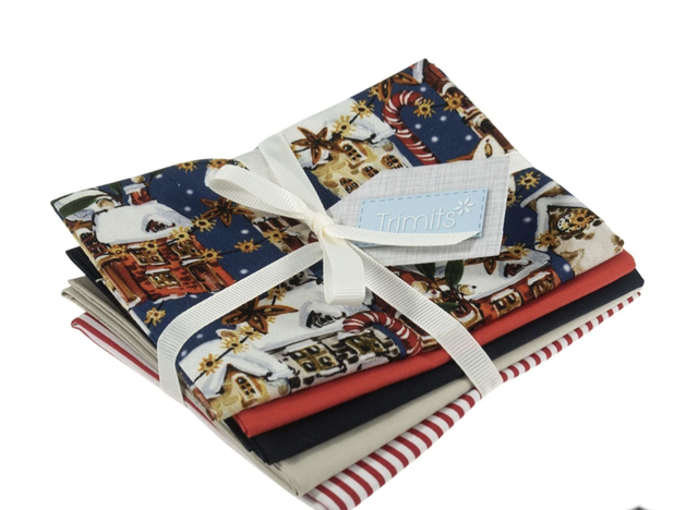 Cotton Fabric Navy Street Scene - Christmas Fat Quarter 5 pc Bundle 