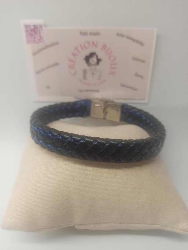 Bracelet en similicuir noir et bleu 