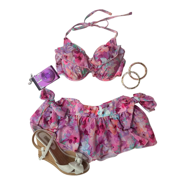 coquette purple floral  japanese 3 piece bikini set 