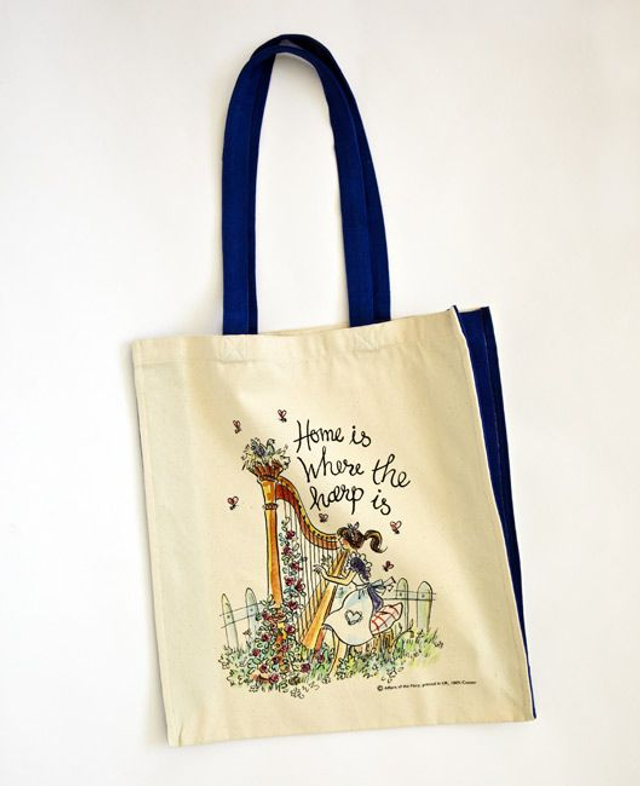 "Home is Where the Harp Is "Canvas bag – long handled :blue handle &amp; gusset