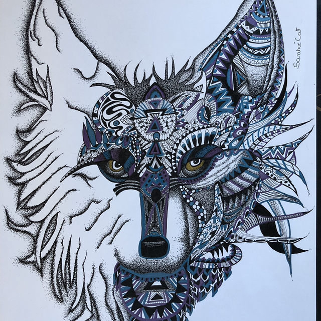 Loup en turquoise - 32 x 42 cm - encadrement blanc 