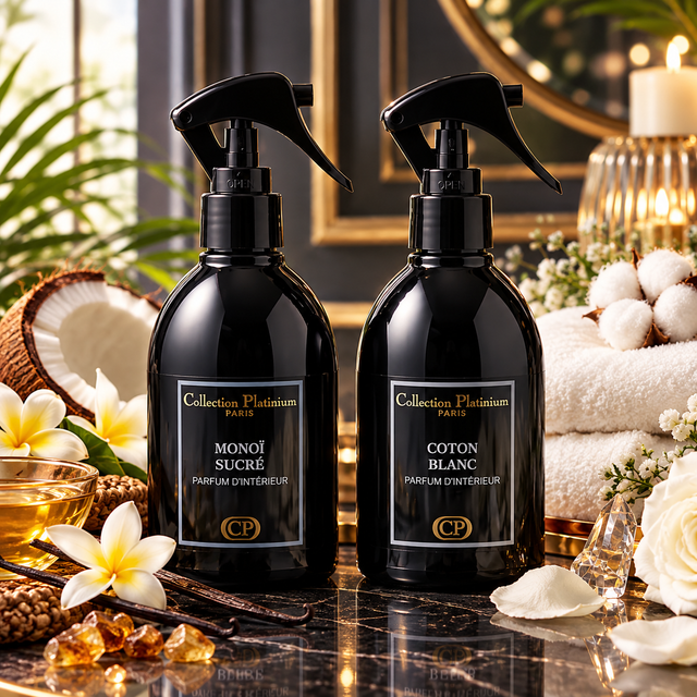 Lot de 2 Parfums d’Intérieur COLLECTION PLATINIUM PARIS MONOÏ SUCRÉ 250ml et COTON BLANC 250ml