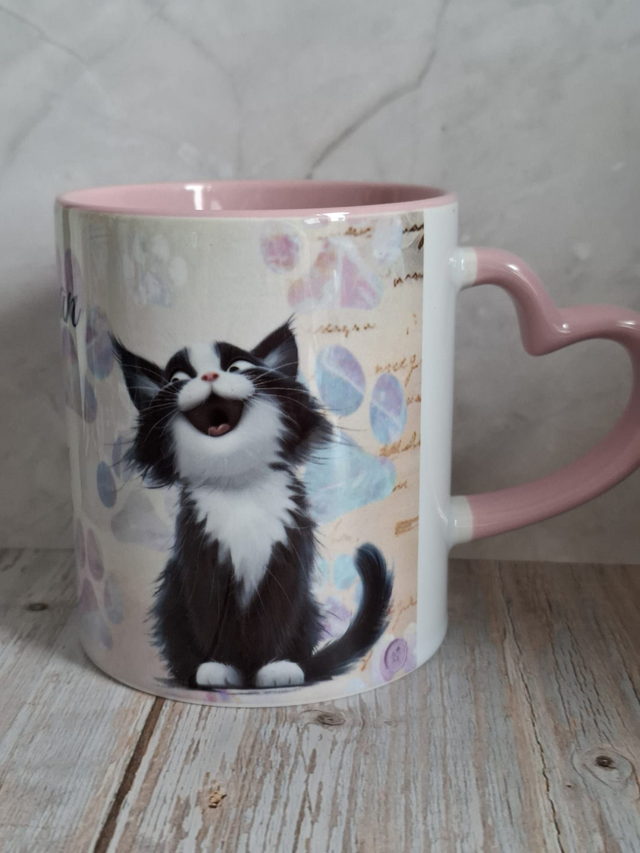 Mug coeur rose chat noir et blanc
