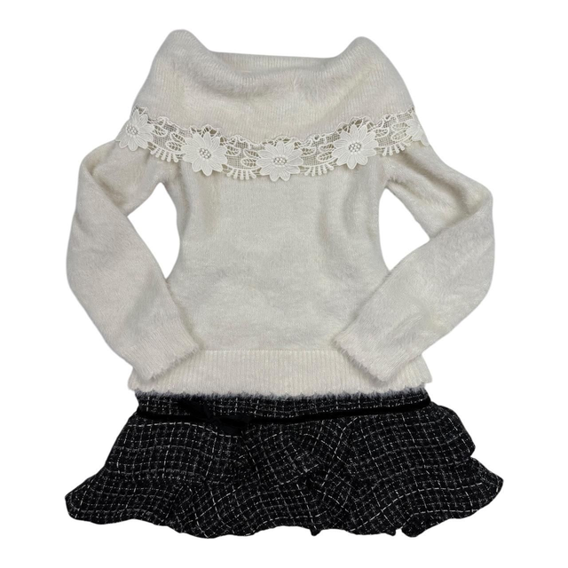 Japanese Brand Coquette White Fluffy Over-The-Shoulder Top 