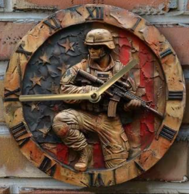 Vintage ronde wandklok metaal - Amerikaanse Soldaat (20cm