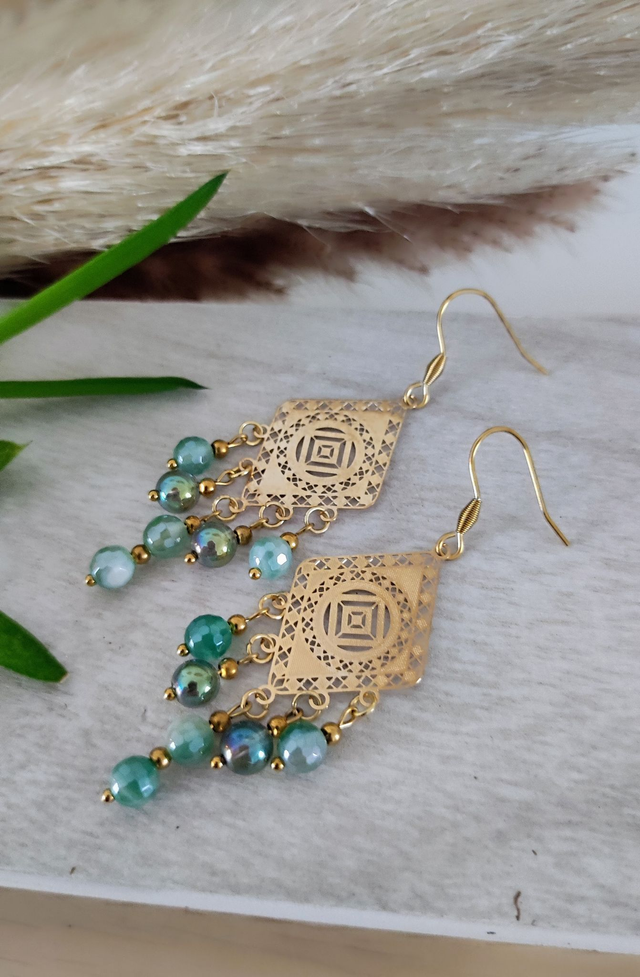 Boucles d'oreilles "Bohème" Agate verte facettée