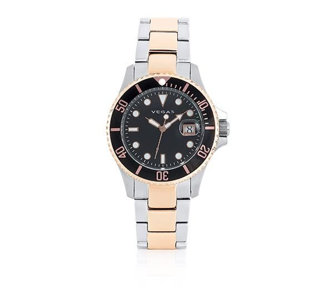 Dameshorloge Ø 40 mm – zwarte wijzerplaat &amp; tweekleurige roestvrijstalen band