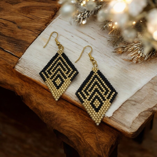 Boucles d'oreilles losanges noir et or