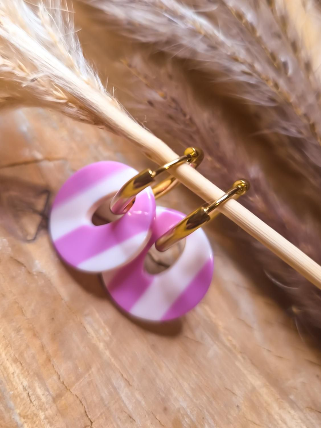 Boucles d'oreilles modulables "Les rayées" - Modèle doré rose et blanc