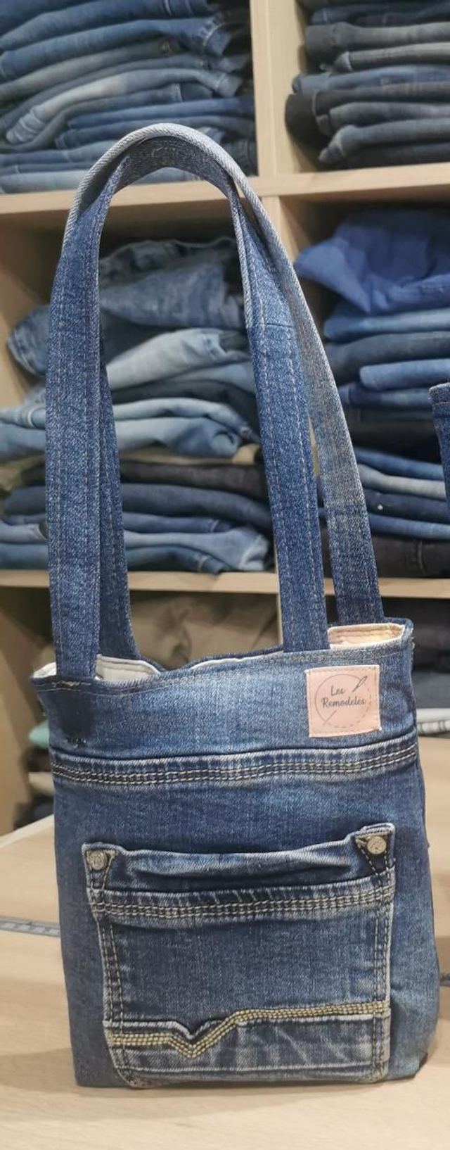 Mini sac #115 - Mariage d'un jean surcyclé et de motifs pastels