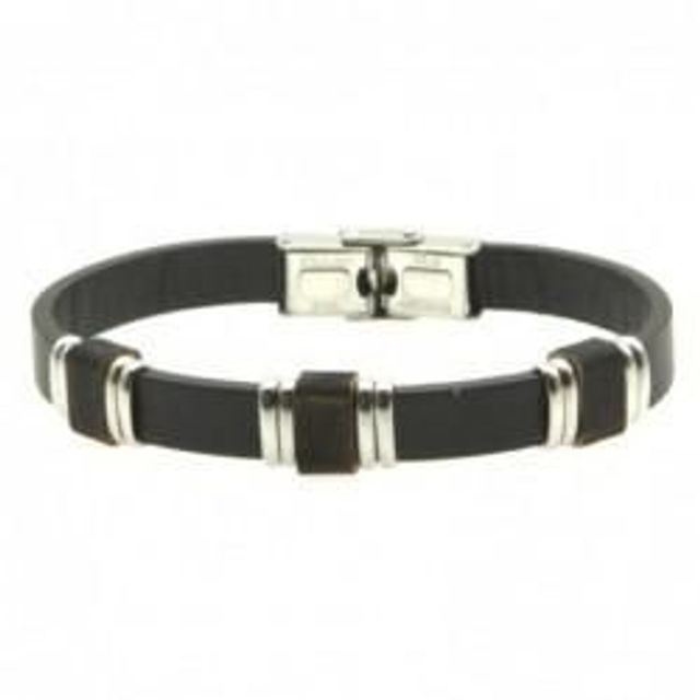 Bracciale uomo in cuoio nero con inserti in acciaio