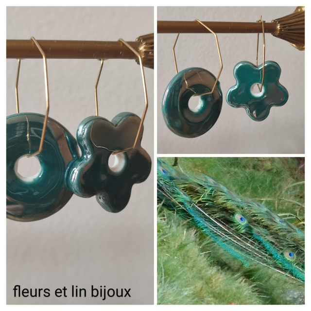 Créoles hexagonales et asymétriques bleu paon en céramique, acier inoxydable doré -sans nickel-