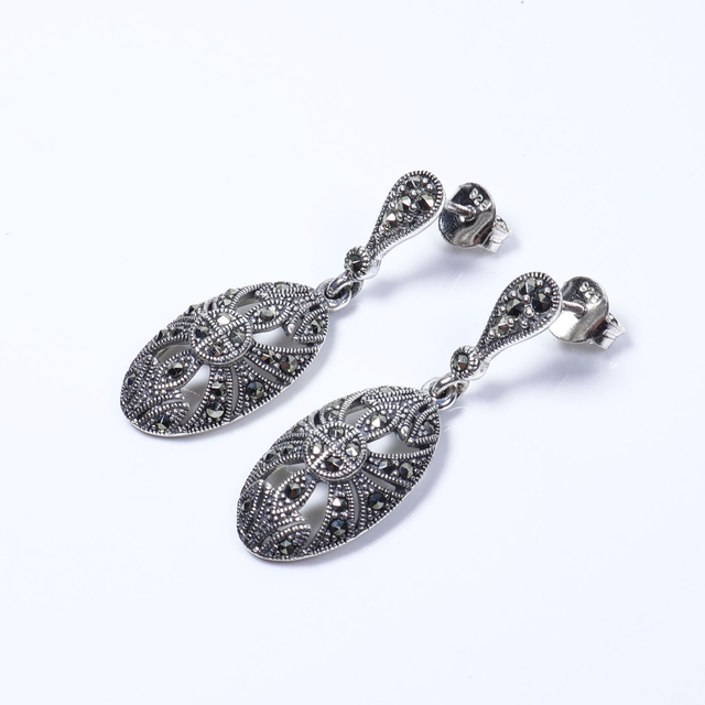 Pair of Elegant Sterling Silver 925 Art Deco Style Marcasite Gemstone Ornate Oval Shield Design Drop Dangle Earrings